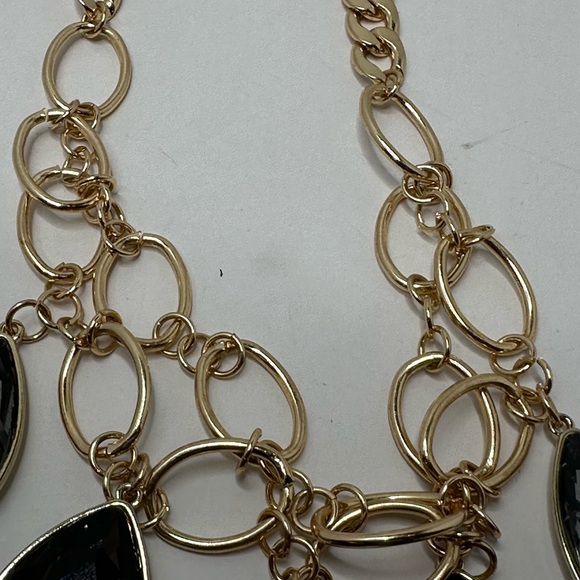 NWT GOLDTONE CHOKER  NECKLACE w/5 Diamond Shape FACETED FAUX Black SMOKEY Color - Picture 5 of 9